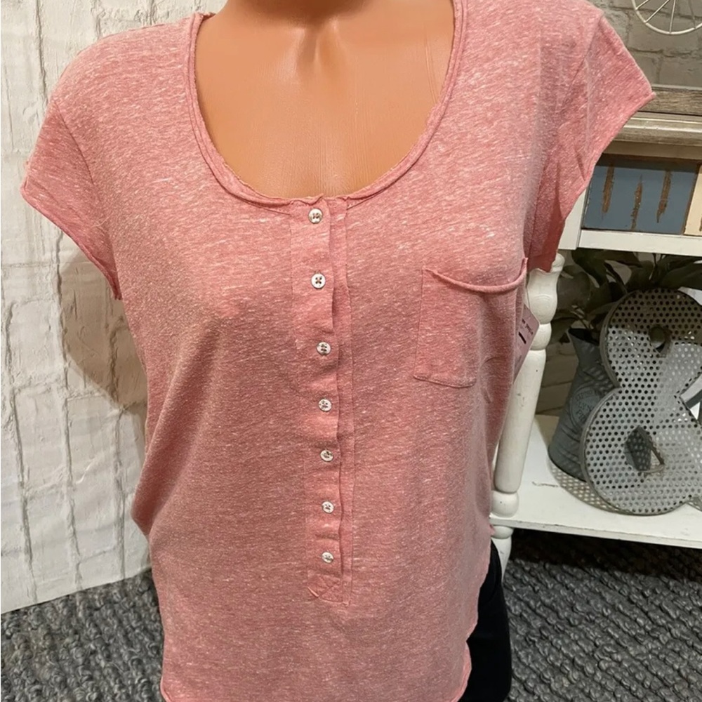 Free People Womens Short Cap Sleeve Henley Slub Tee Coral Sz S NWT!